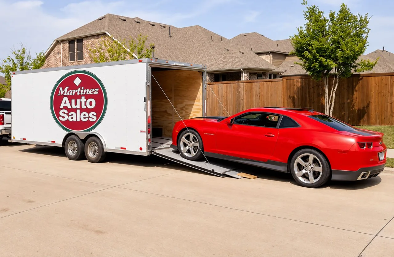 A red Chevrolet Camaro rolling off a Martinez Auto Sales enclosed trailer outside a customer's home